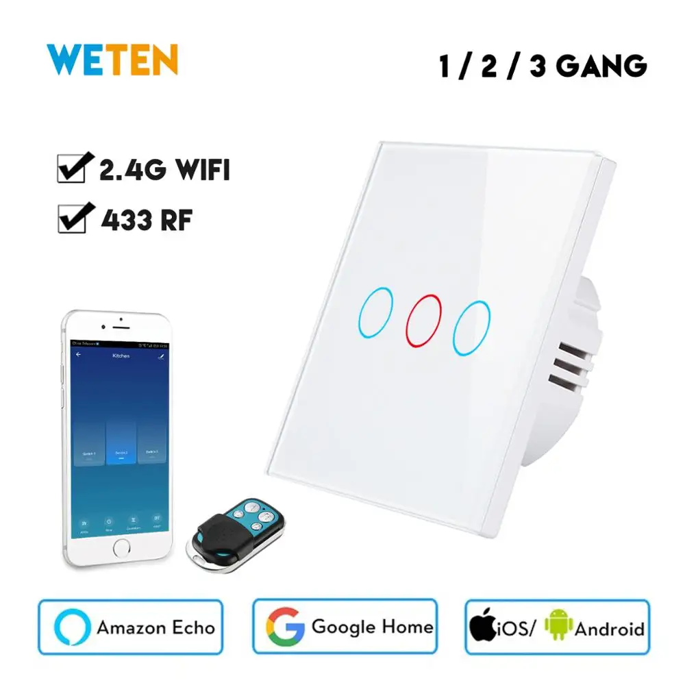 

Smart Wifi Switch Touch Light Switch App/433 RF/Voice Control with Alexa Google Home 1 2 3 Gang EU UK 220V Glass Wall Switch