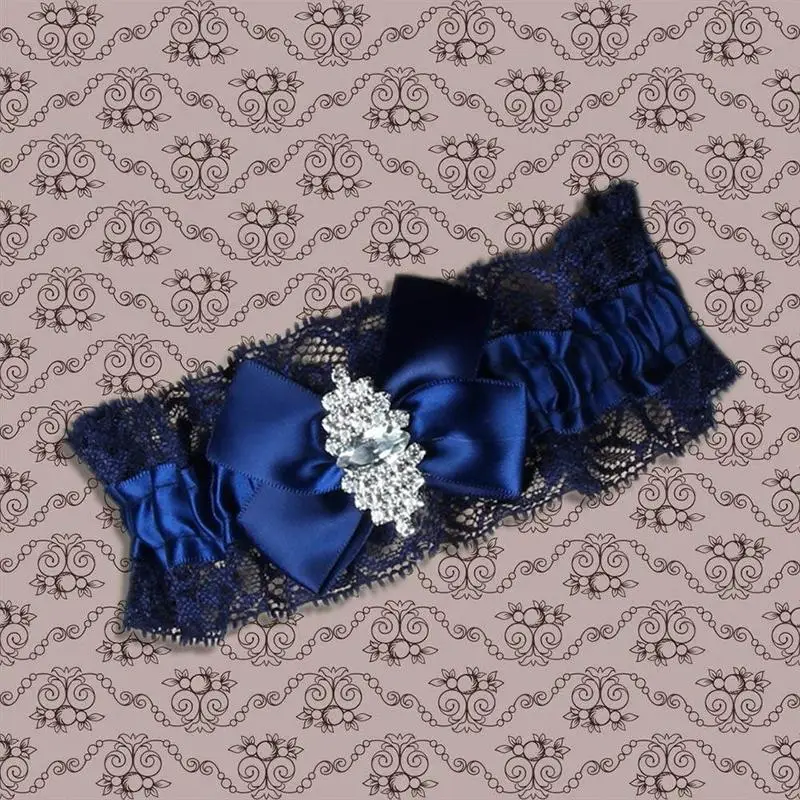 Navy Blue Wedding Garters Lace Floal Rhinestone Bowknot Leg Garter For Bridal Female Women Floral Lace Wedding Leg Garters