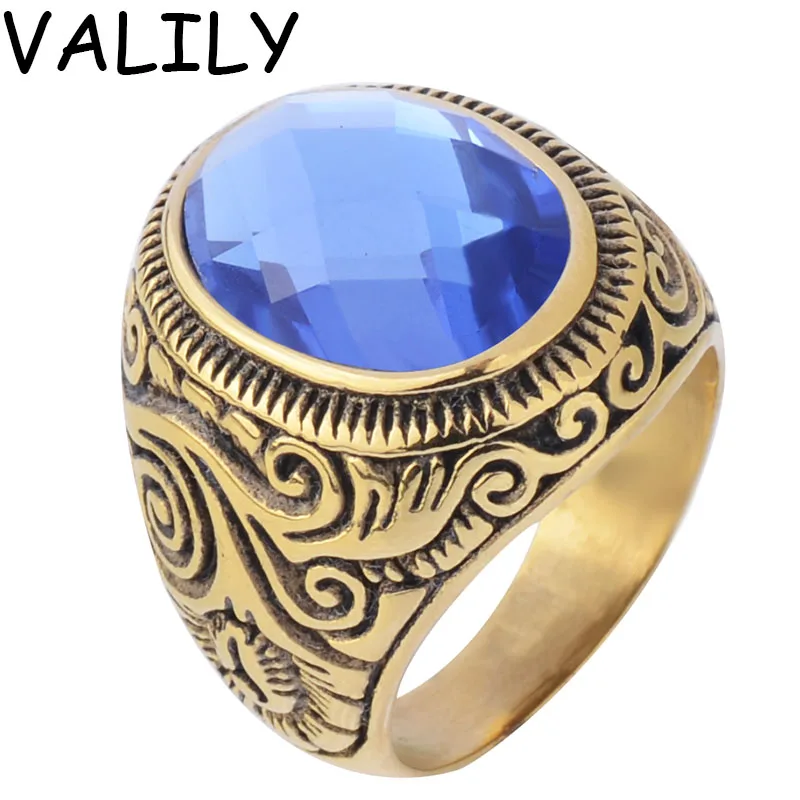 

Valily Jewelry Womens Ring Blue Crystal Lord of Ring Vintage Nobel Palace Rings for Men Stainless Steel Wedding Band Rings Gold