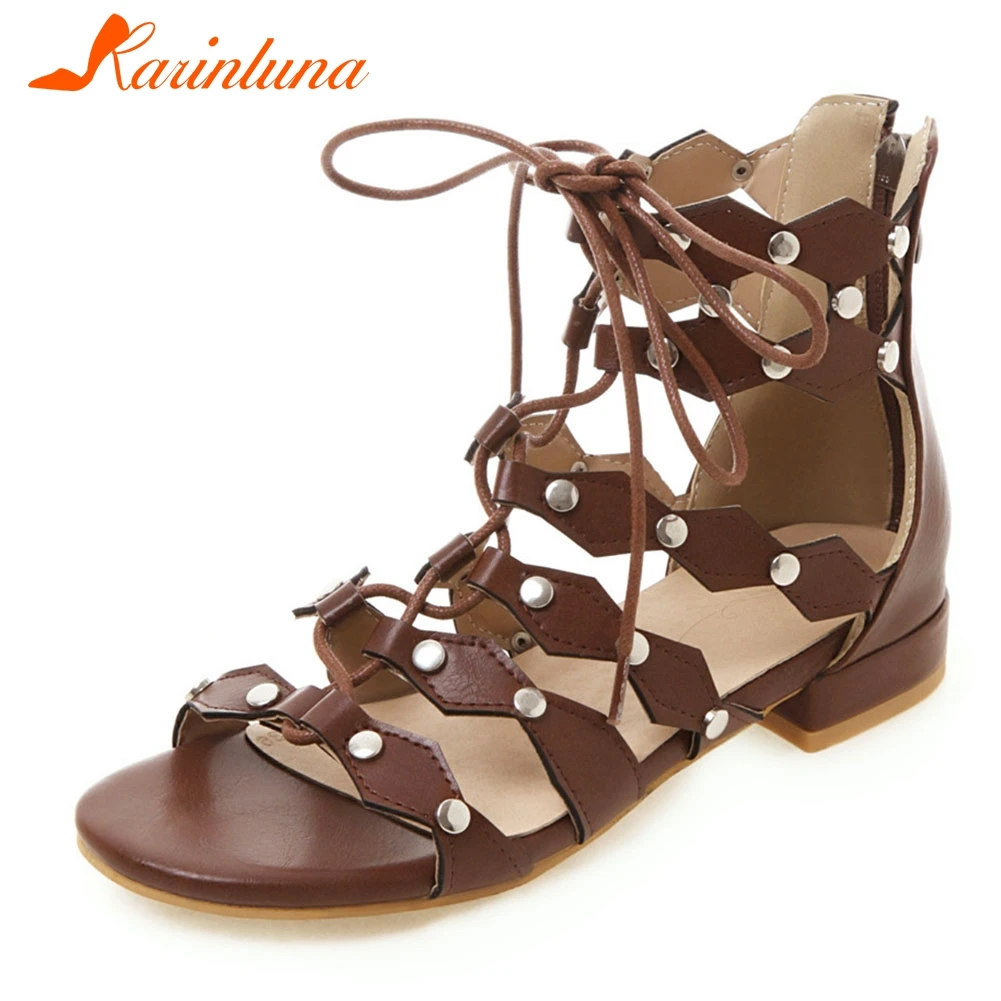 

KARINLUNA 2019 Fashion Gladiator Rivets Sandals Women Summer Woman Shoes Lace Up Casual Women Shoes Woman Plus Size 33-46
