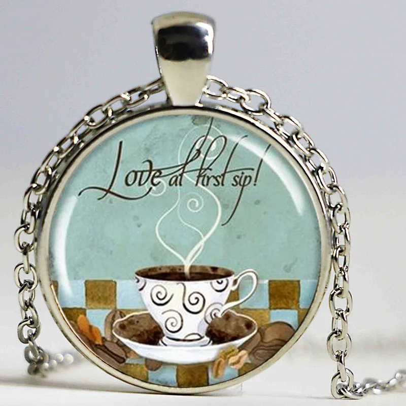 Coffee Art Pendant, Love Coffee Jewelry, Coffee Cup Necklace, Resin Pendant, Coffee Cafe Art Round Bronze Pendant
