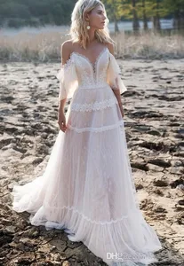 Bohemian Wedding Dresses Off Shoulder A-Line Lace Appliqued Boho Wedding Dress Backless Plus Size Beach Bridal Gowns