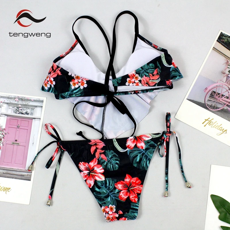 Tengweng 2019 Sexy 2 piece Swimwear Bikinis Women Print Swimsuit Ruffle Bikini Push up Beachwear Plus size Bathing suit bandage
