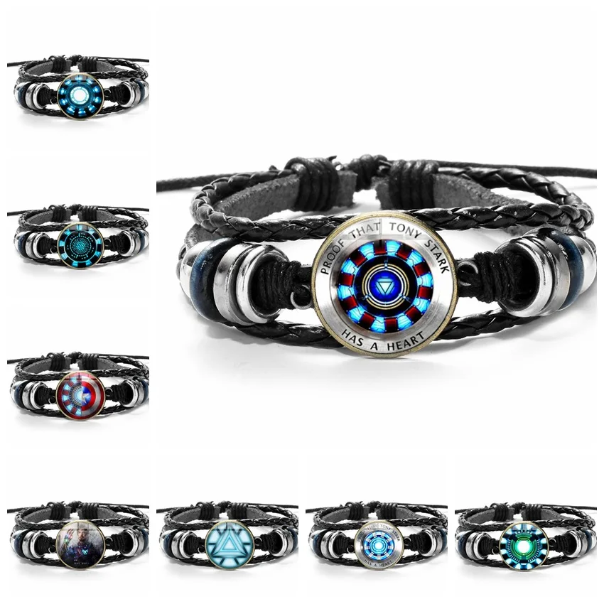

Marvel 3D Leather Bracelet Iron Man Action The Avengers Tony Stark Arc Reactor Printed Glass Gem Charm Bracelet Bangles Decor