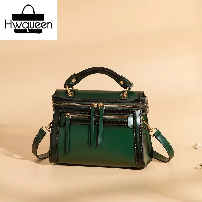 

Blackish Green Women Small Messenger Bag Genuine Cow Leather Female Cross Shoulder Bag Zipper Closure Lady Top-handle Handbag