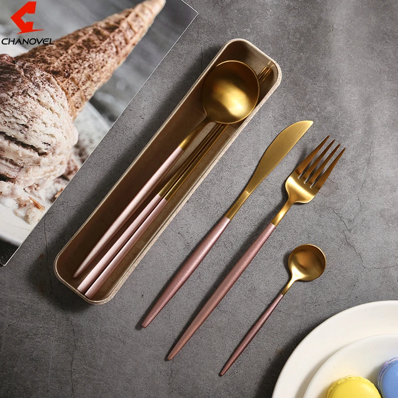 

CHANOVEL Hot Sale 4 Pcs/Set Colorful Dinnerware Set 304 Stainless Steel Western Cutlery Set Kitchen Food Tableware Dinner Set