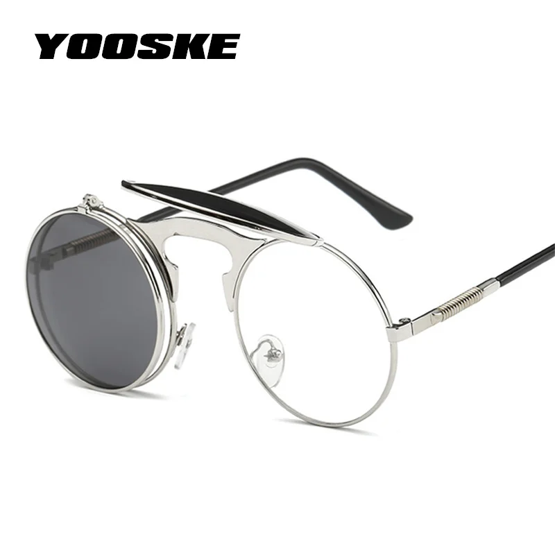 

YOOSKE Brand Round Sunglasses Women Men Vintage Steampunk Flip Sun Glasses Female Male Metal Hip Pop Sunglass UV400