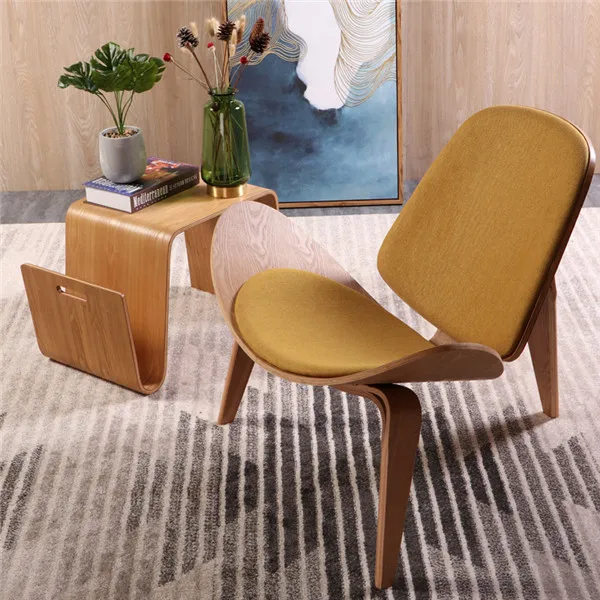 Hans Wegner Style Three Legged Shell Chair Plywood Linen Fabric Seat