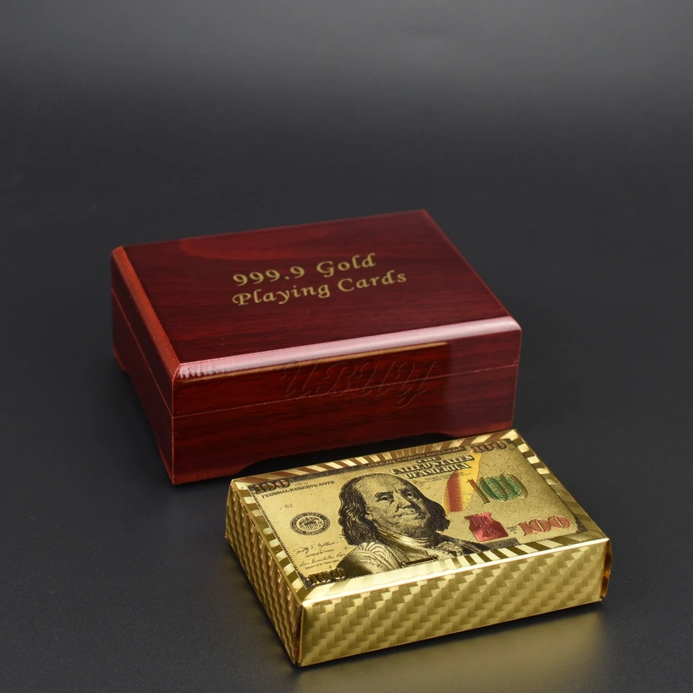 

USA Design 100 Dollar Gold And Silver Foil Playing Cards Plastic Cards With Wooden Box For Collection Gift