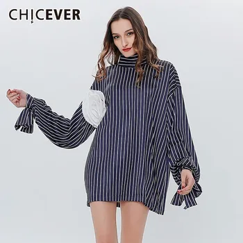 

CHICEVER Appliques Striped Shirt For Women Lace Up Stand Collar Lantern Sleeve Blouse Spring Fashion Vintage 2020 Clothing Tide