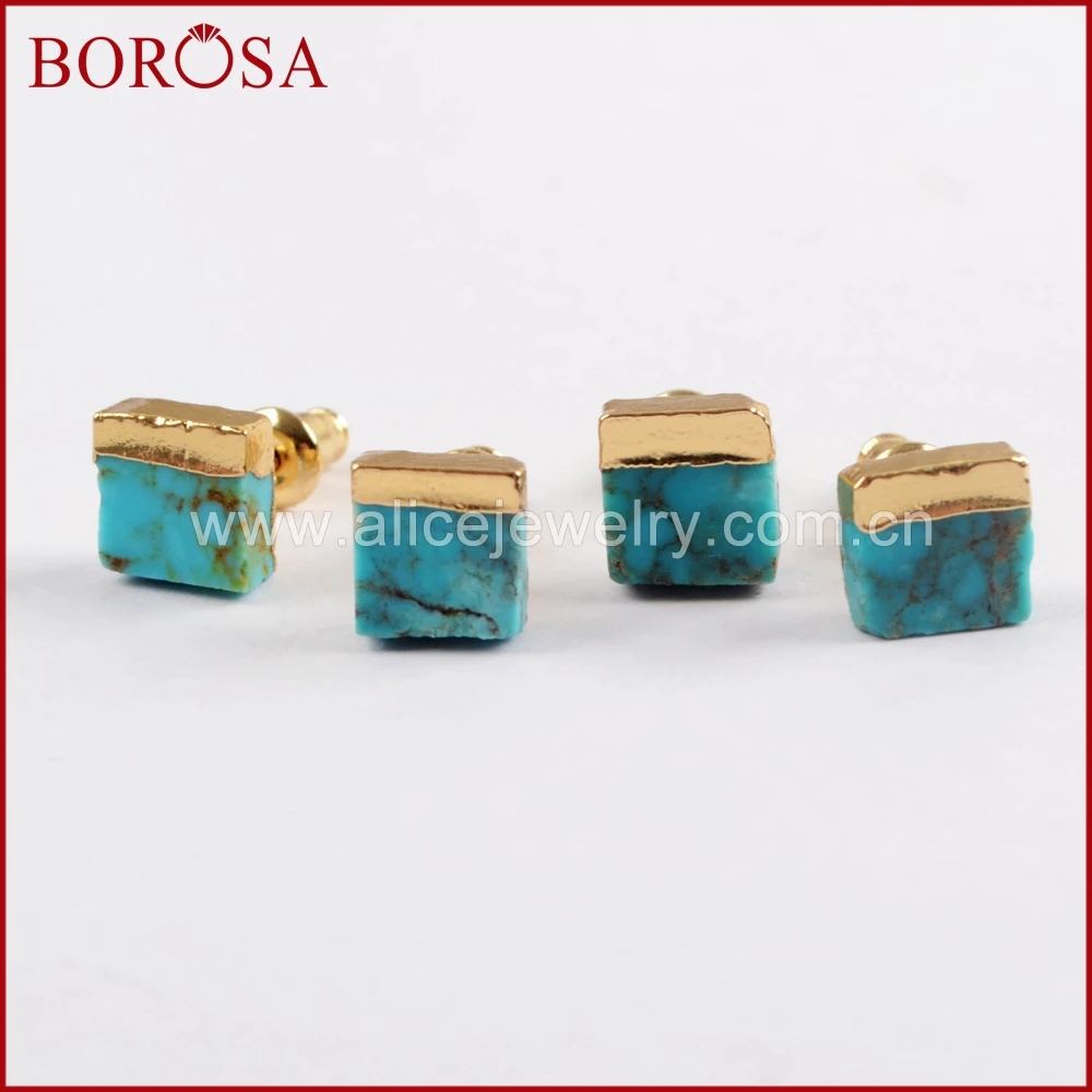 BOROSAFashion 7 мм квадратные шпильки для женщин золото Природный 100% синий Howlite гвоздики