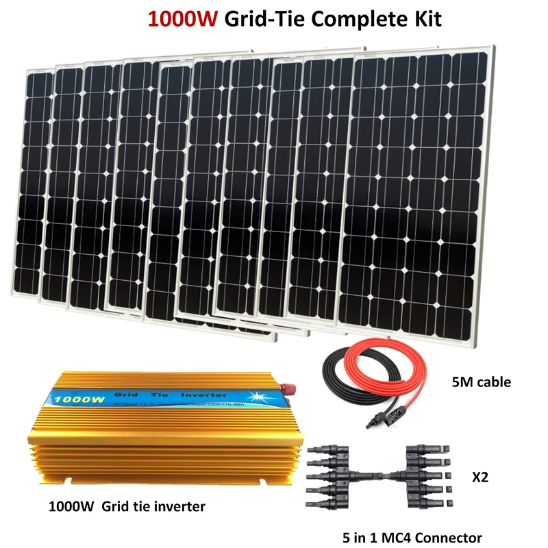 1000 Вт стеклянная солнечная панель с 1000 Вт инверторной сеточной системой 10x100 Вт моно солнечная панель домашняя система Комплект