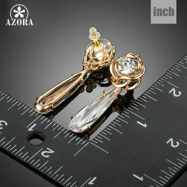 AZORA Elegant Attractive Rose Gold Color Long Clear Cubic Zirconia Water Drop Earrings for Women TE0218