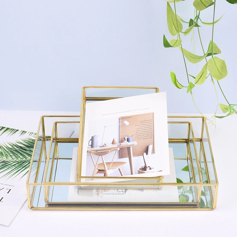 

Nordic Glass Copper Geometry Storage Box Simplicity Style Desktop Jewelry Necklace Gold Tray Modern Decoration Home Organizer