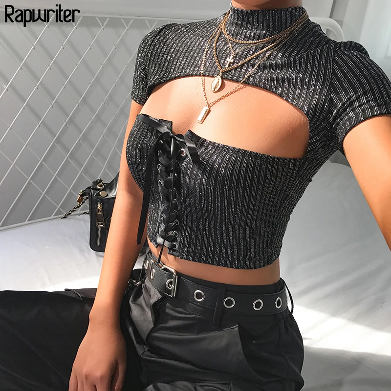 

Rapwriter Skinny Cross Lace-Up Hollow Out Elastic Glitter Silver Striped Tee Female 2019 Summer Short Sleeve Bandage T-Shirt