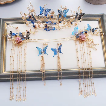 

Chinese blue butterfly dragon and phoenix bride headdress ancient costume hairpin step shake classical wedding accessories