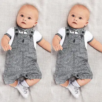 

2PCS Newborn Toddler Infant Baby Boys T Shit + Bodysuit Outfits Sets Cute Little Gentleman Baby Boys Clothes Gray 0-24Months