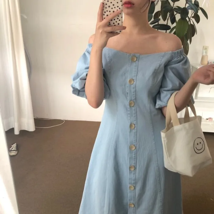 

Cool Denim Dress One Piece Buttons Up Slim Waist a Line Midi Dress Big Puff Sleeve Robe Femme Vestido Mujer Vestiti Donna