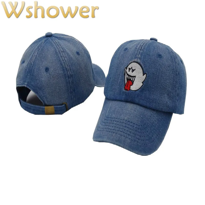 

Which in shower Black Denim Embroidery Ghost Tongue Baseball Cap Women Funny Hip Hop Cap Male Female Trucker Cap Bone Snap Cap