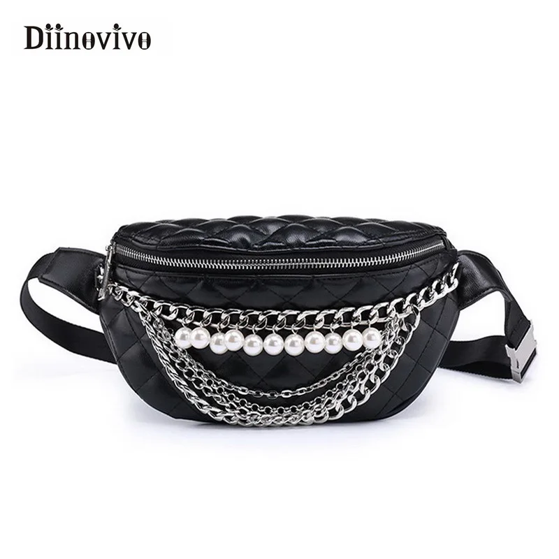 Женская поясная сумка DIINOVIVO Кожаная с жемчужной цепочкой модная дорожная
