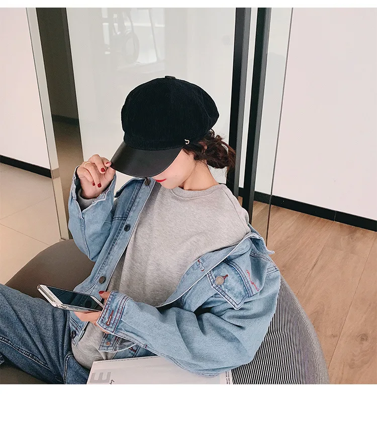 Fashion Women Hats Autumn Winter Corduroy Navy Military Hat Octagonal Hat Women Pu Leather Beret S Letter Corduroy Black Caps