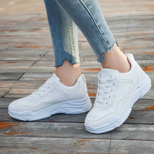 Zapatos informales con plataforma piel ante para mujer, zapatillas de deporte blancas, 2018