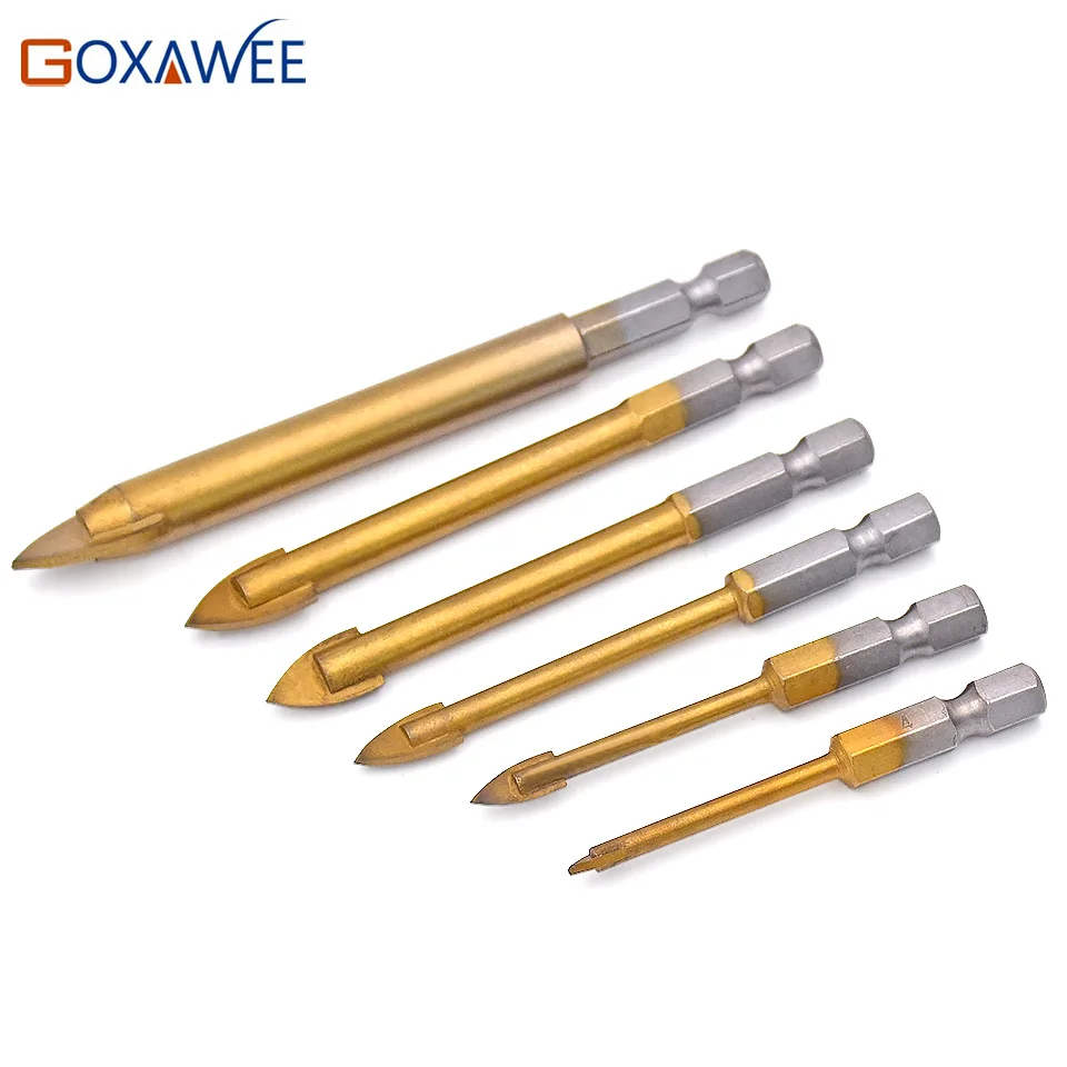 GOXAWEE 6pcs Drill Bits Carbide Alloy Titanium Plated Triangle Glass