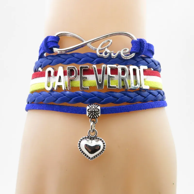 Бесконечная любовь Кабо Верде браслет Страна Кабо Верде флаг Подвеска для браслета в форме сердца кожаный браслет и браслет для женщин и мужчин