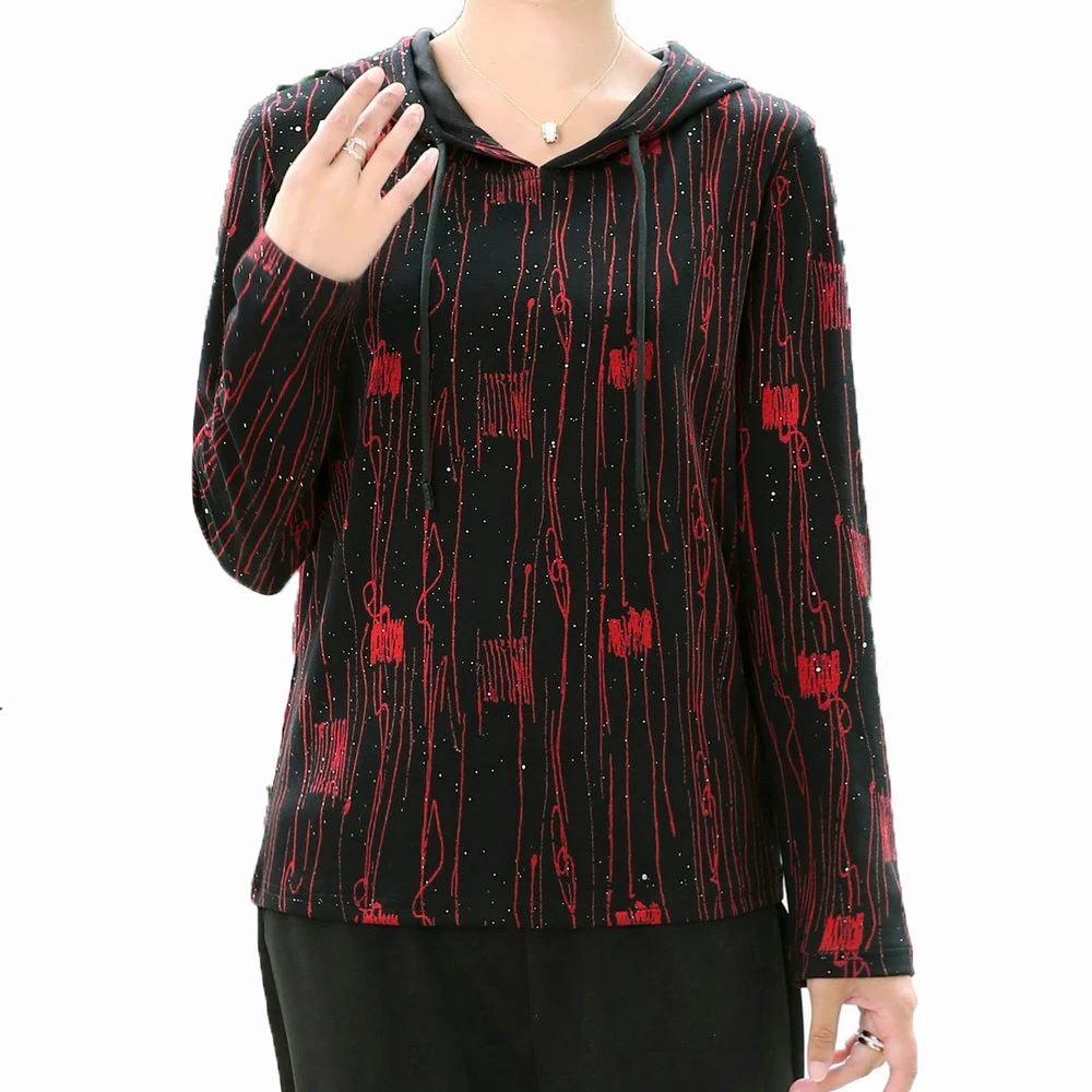 

Woman Gold Stamping Hooded Blouse Female Autumn Spring Wind Red Khaki Floral Hood Tops Women Casual Clothes Plus Size Blouses
