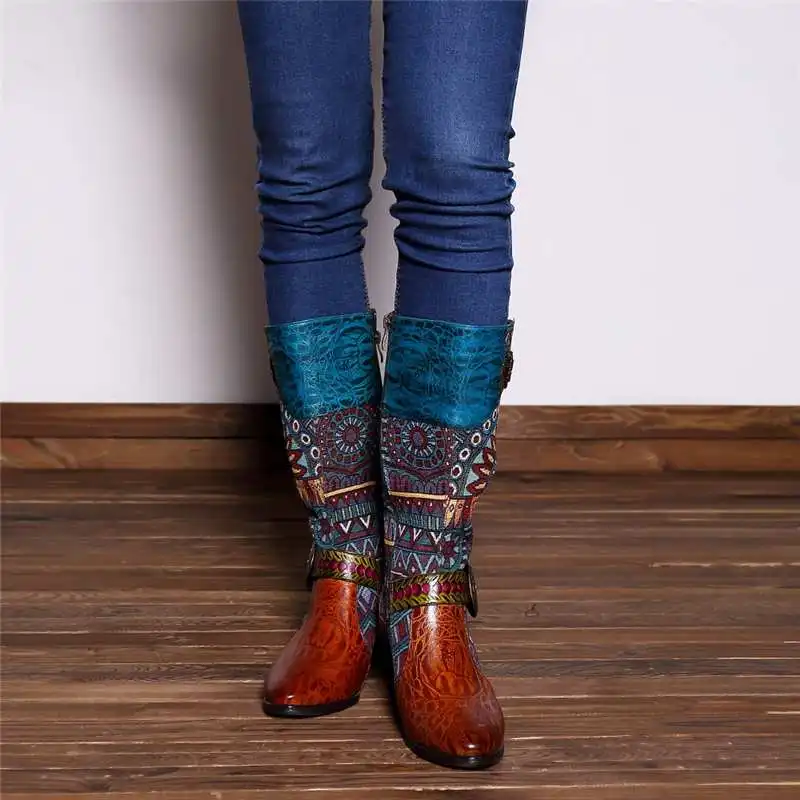 Socofy женские ковбойские ботинки из натуральной кожи в стиле ретро Женская обувь женские ковбойские ботинки до середины икры женские ботинки на молнии на квадратном каблуке