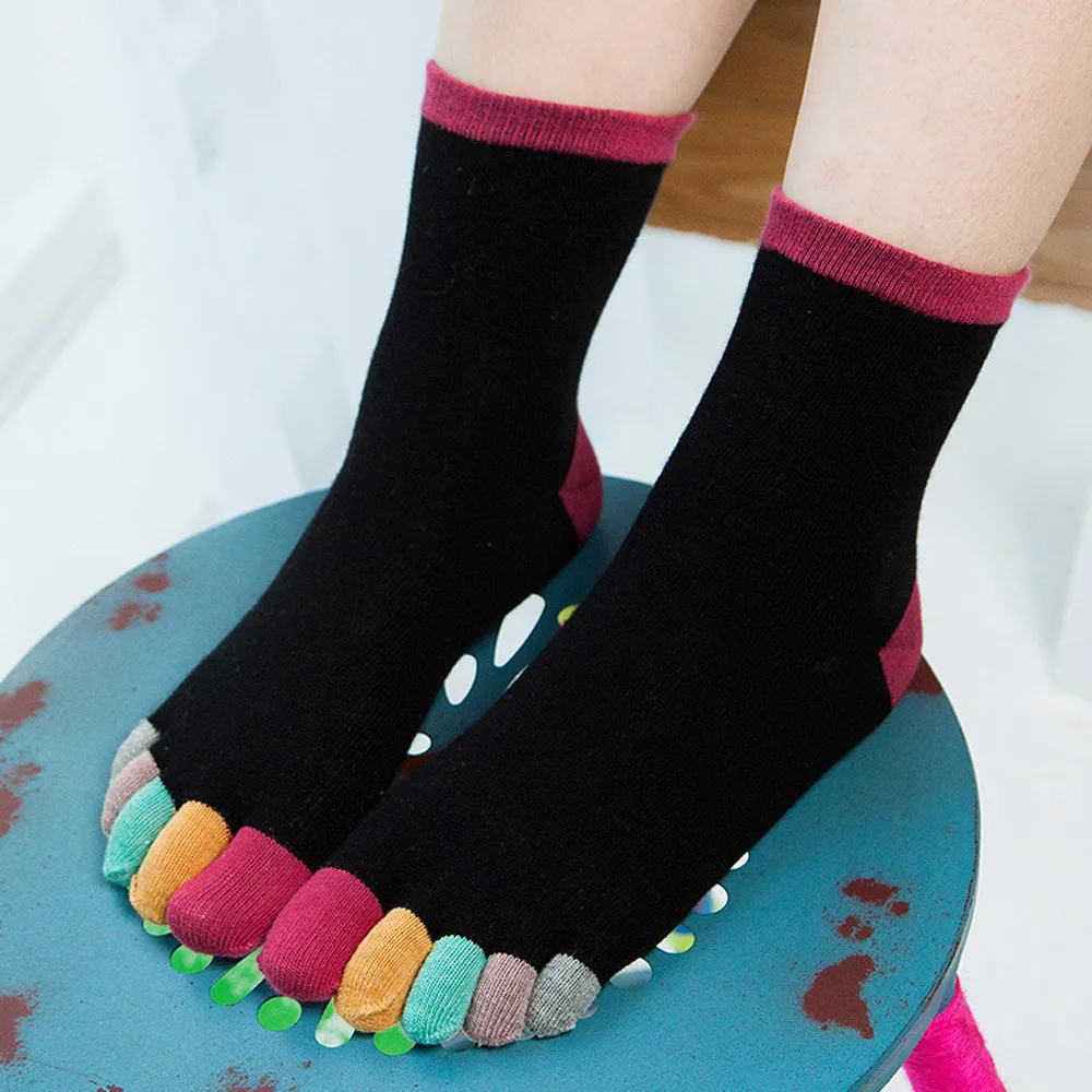 Женские носки; calcetines mujer; женские хлопковые Дышащие носки с принтом для девочек; Разноцветные короткие носки с пятью пальцами; T429