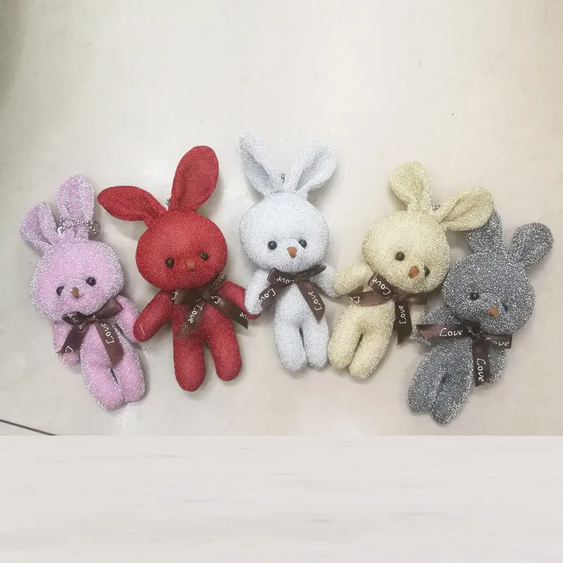 

24pcs /lot 12cm plush rabbit doll long-eared cartoon bouquet material joint bunny wedding gift Sequin bunnys