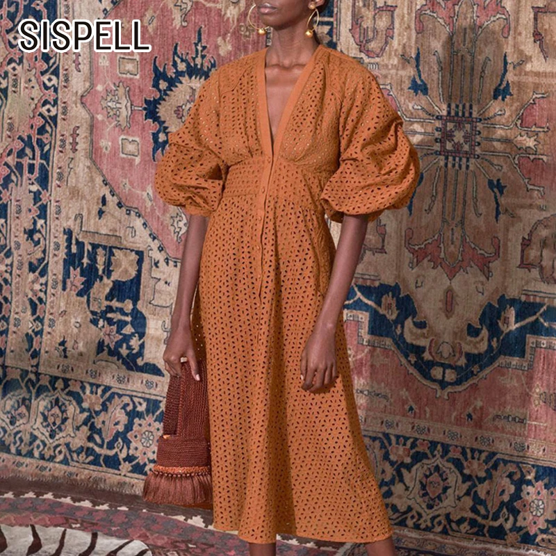

SISPELL Vintage Hollow Out Dress For Women V Neck Puff Half Sleeve Button A Line Dresses Female Fashion New Korean 2019 Summer