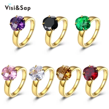 

Visisap Rainbow Stainless Steel Rings For women Green Purple Pink stone Punk party ring fashion jewelry gold color VTGR174