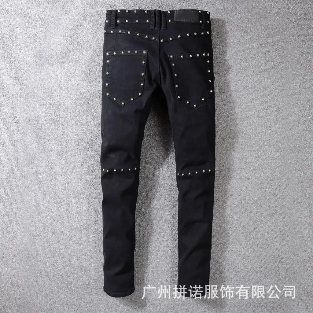 ABOORUN панк мужские модные байкерские мотоциклетные джинсы с заклепками для ночного клуба Лоскутные узкие джинсы для мужчин R387
