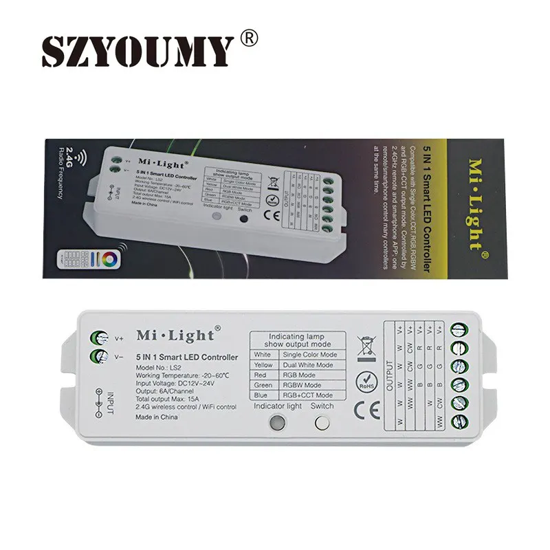 

SZYOUMY Mi Light LS2 2.4G Wireless control DC12V-24V 5 in 1 Smart LED Controller for Single Color, CCT, RGB, RGBW,RGB+CCT LED