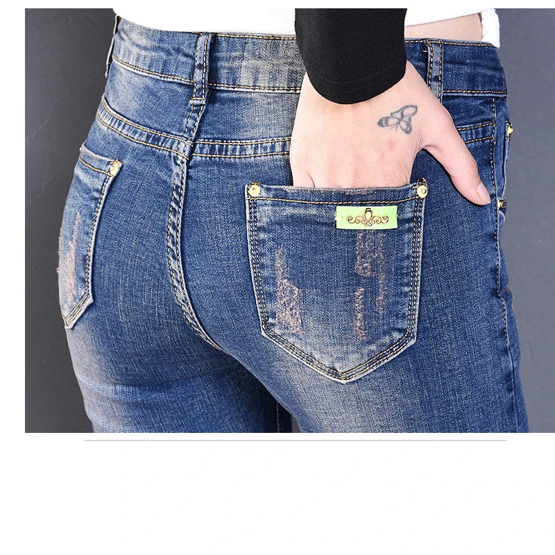 Джинсы с вышивкой из мультфильмов женские осенние 2018 тонкие вышитые джинсовые брюки стрейч узкие джинсы Рваные Большие размеры узкие