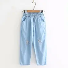 Корейская маленькая свежая летняя новая Повседневная Свободная вышивка тонкая дикая эластичная лента прямые укороченные брюки женские джинсы