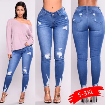 

2020 New Blue Jeans Pancil Pants Women High Waist Slim Hole Ripped Denim Jeans Casual Stretch Skinny Trousers Jeans