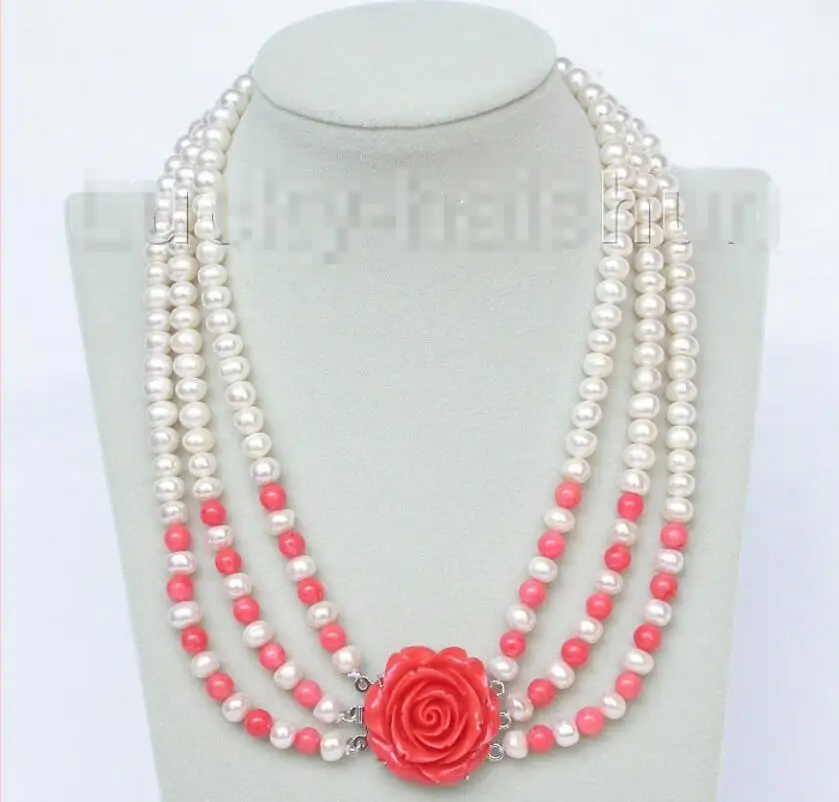 

Hot sale new Style >>>>> 17"-20" 8mm 3row round white freshwater pearls pink coral necklace j8833