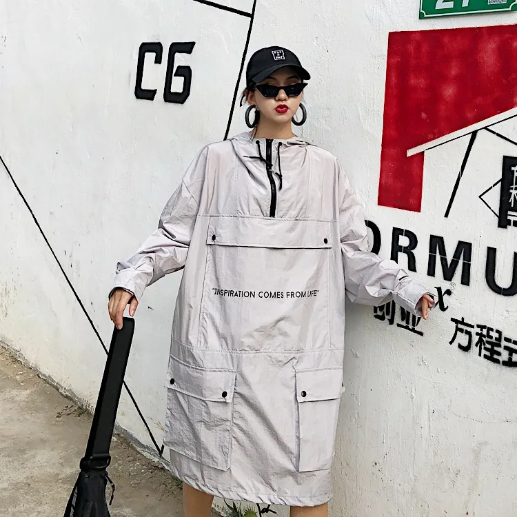 

New spring clothing functional handsome bubble trench coat hip-hop breeze loose BF medium-length knee hooded