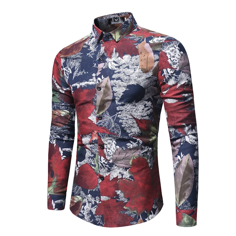 Мода весна Повседневное Для мужчин рубашка Slim Fit Цветочный принт льняная рубашка Футболки с рукавами мужской цветочный социальной Masculina M-XXXL