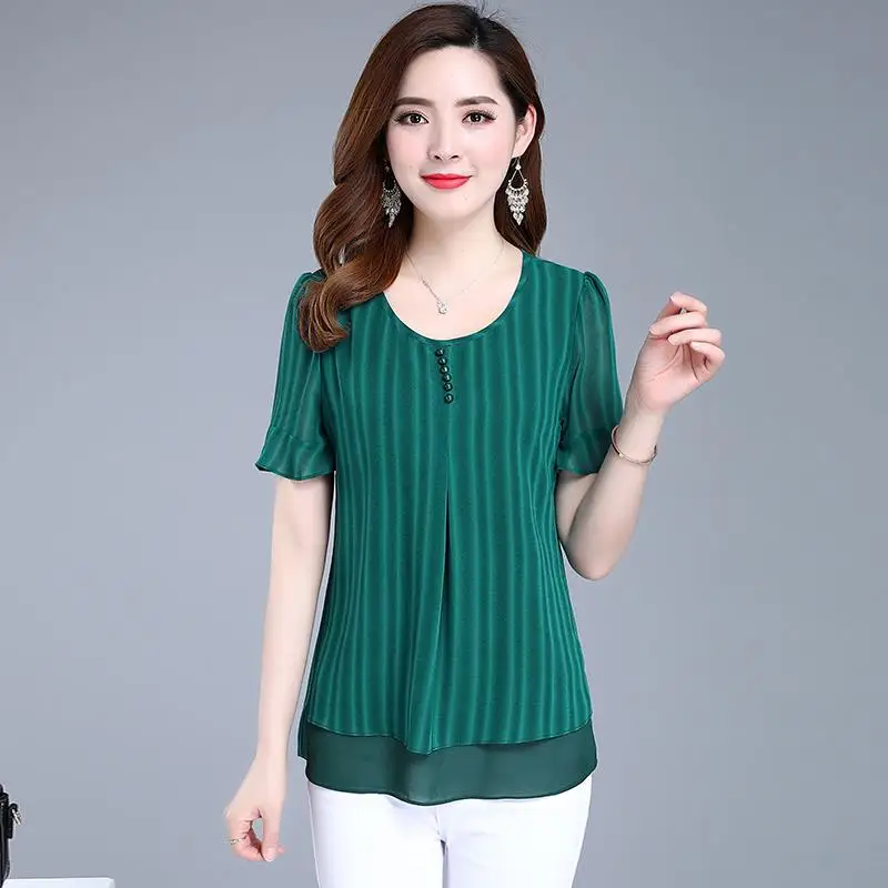 

Fashion Women Spring Summer Style Chiffon Blouses Shirts Lady Casual Striped Short Sleeve Blusas Tops Red Green DF2654