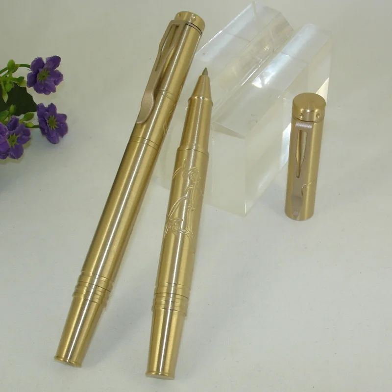 Caneta de Rolo Ponta do Rolo Acmecn Unissex Metal Pesado Médio Nib China Elementos Esculpidos Gel Caneta Tinta Latão Ouro Luxo Canetas 53g 4 High Quality Material escolar e de escritório