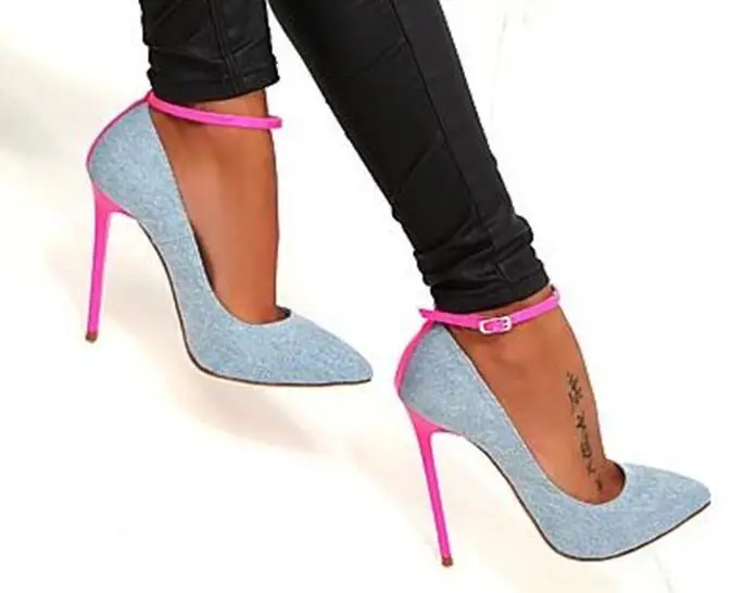 Denim Blue High Heel Shoes Sexy Pointed toe Ankle Strap Woman Pumps 2018 Newest Pink Stiletto Heel Dress Shoes
