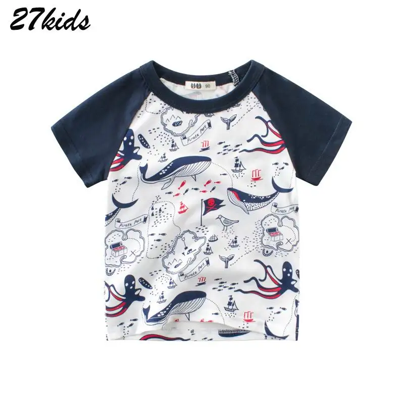 

27kids 2-9T Cartoon Shark Boy T Shirts for Children Kids Short Sleeve T-Shirts Summer Shirt Girl Ocean Vacation Top Costume