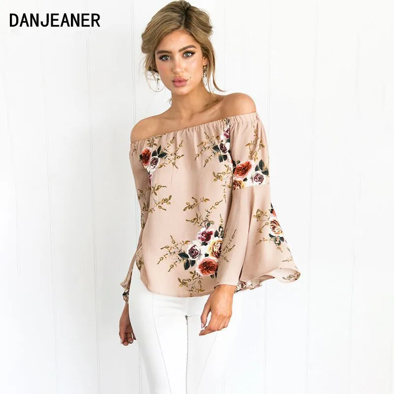 

Danjeaner 2017 New Off Shoulder Chiffon Blouse Shirts Women Sexy Summer Plus Size Printed FloralTops Fashion Flare Sleeve Blusas