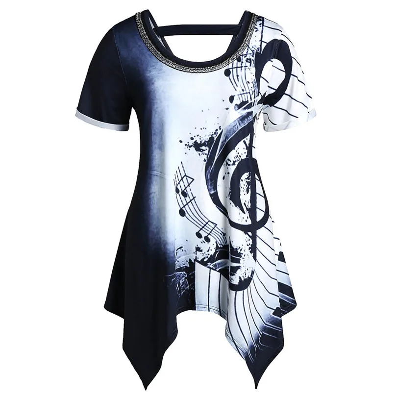 2019 Summer Women Asymmetrical Musical Notes T-shirt Print Casual Chains Embellished Tee Top Blouse #E19 (2)