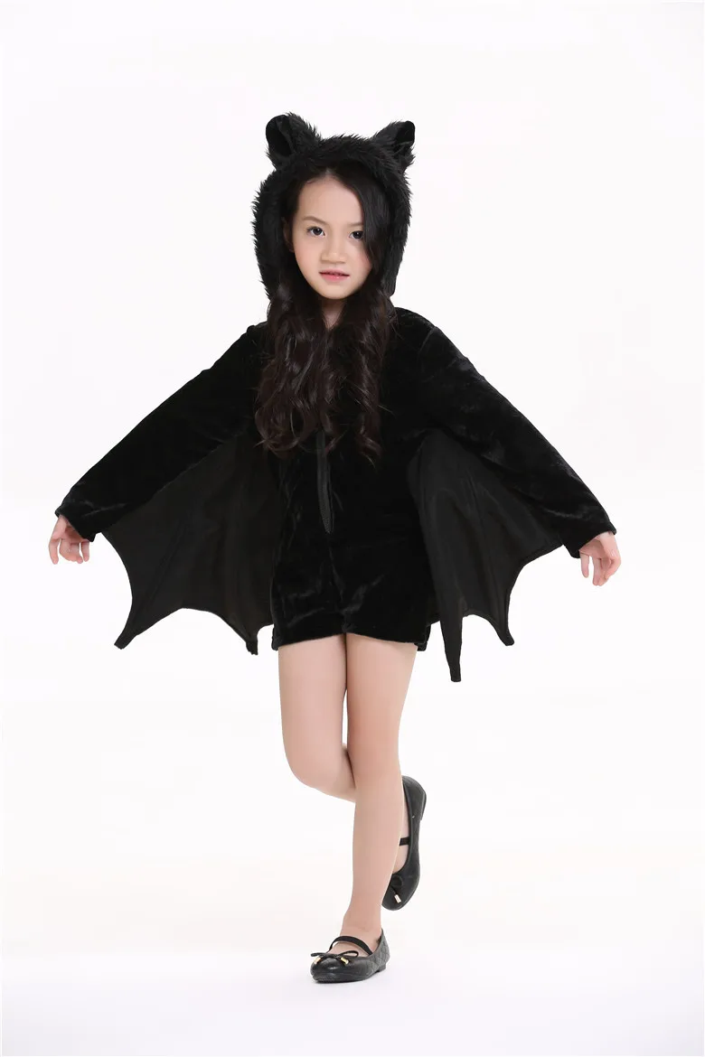 2017 child animal cosplay cute bat costume kids halloween costumes for girls black zipper jumpsuit connect wings batman clothes in girls costumes from