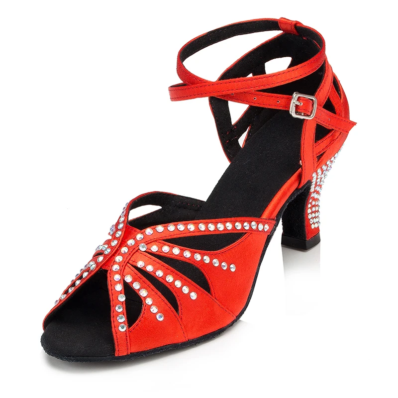 

Professional Dancing Shoes For Women Latin/Jazz/Slasa Footwear For Ballroom Dancing Rhinestone Red Ladies Zapato Baile Soft Sole